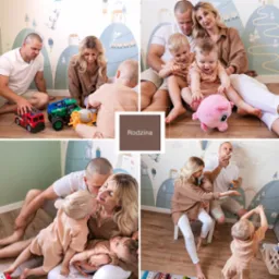 Kolaż przedstawiający rodzinę: rodzice bawią się z dziećmi zabawkami, robią bańki mydlane, przytulają się na tle ściany z motywem dziecięcym.