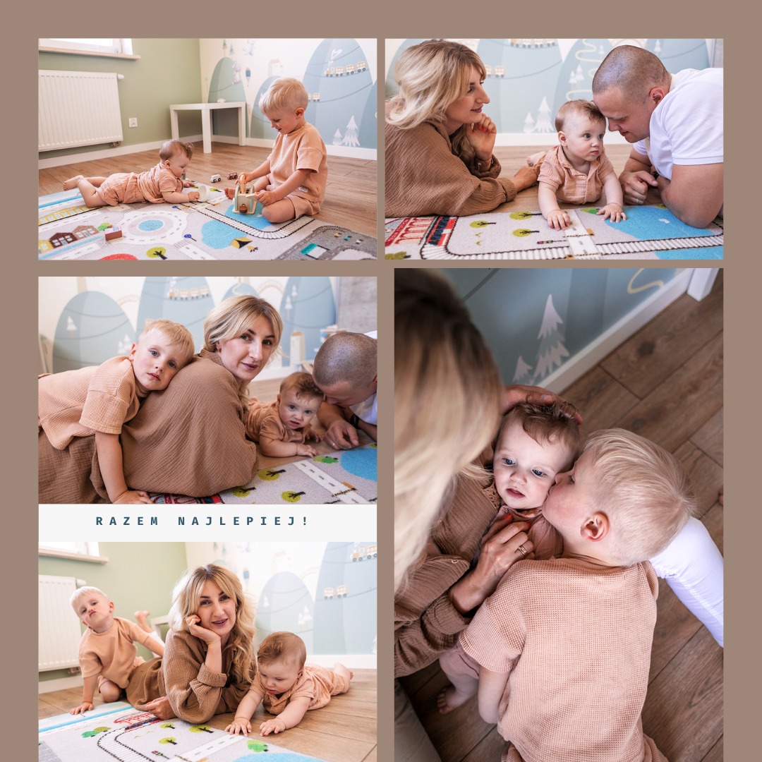 Kolaż zdjęć przedstawiający rodzinę: mama z dwójką dzieci i tata, na dywanie z motywem ulicy, w pastelowych ubraniach, w jasnym pokoju z tapetą w góry.