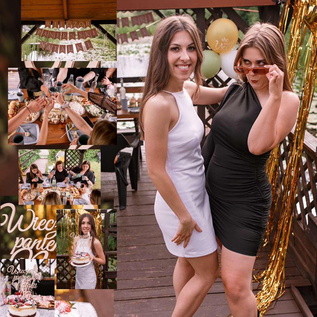 Mozaika zdjęć z wieczoru panieńskiego: dwie uśmiechnięte kobiety w sukienkach pozują na tle złotej kurtyny, kolaż zawiera ujęcia z uczty, dekoracji i tortu.