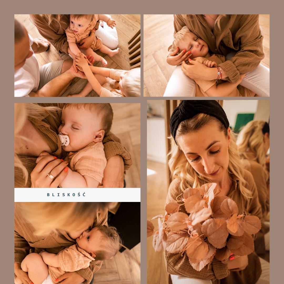 Kolaż zdjęć przedstawiający czułe momenty rodziny: tata bawi się z dziećmi, mama tuląca śpiącego malucha z bransoletką na rączce, niemowlę z smoczkiem w ramionach mamy z widocznym pierścionkiem...