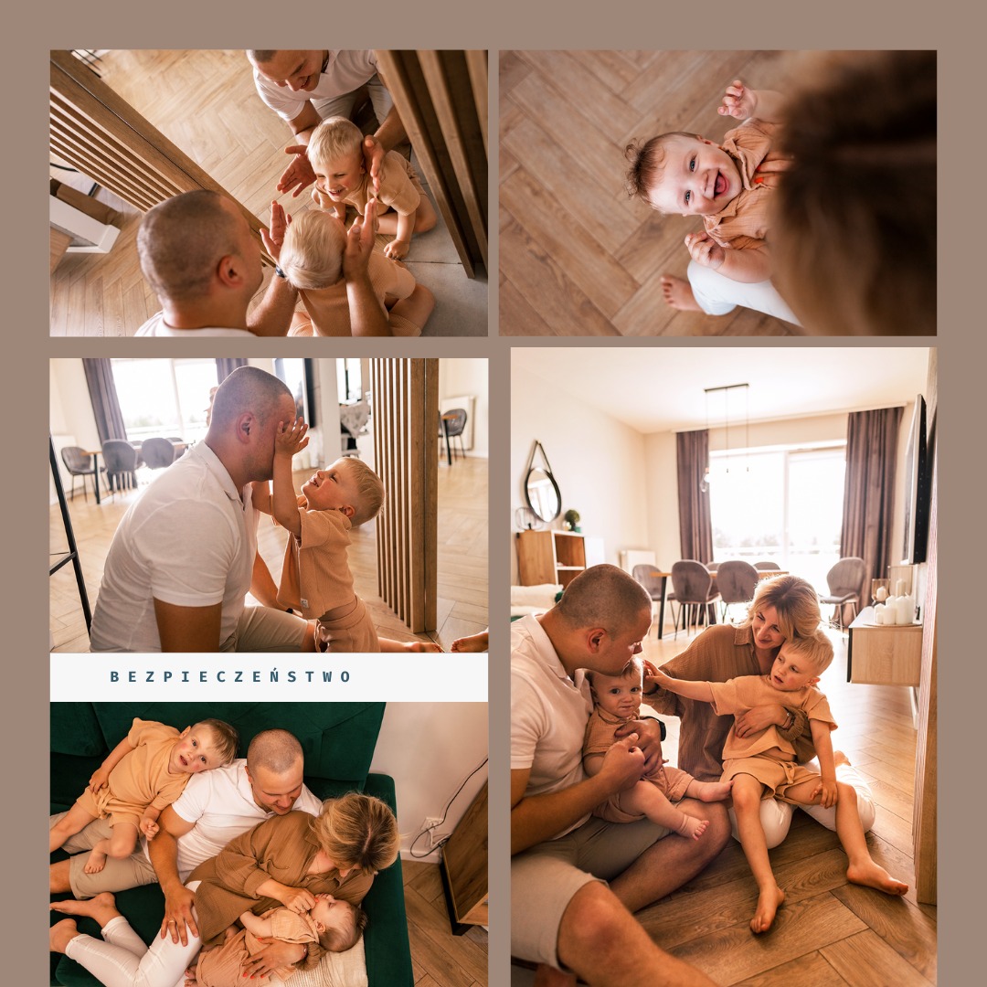 Kolaż zdjęć rodziny z dwójką małych dzieci w beżowych ubraniach, w różnych ujęciach: zabawa na podłodze, przytulanie na kanapie, uśmiechnięte twarze.