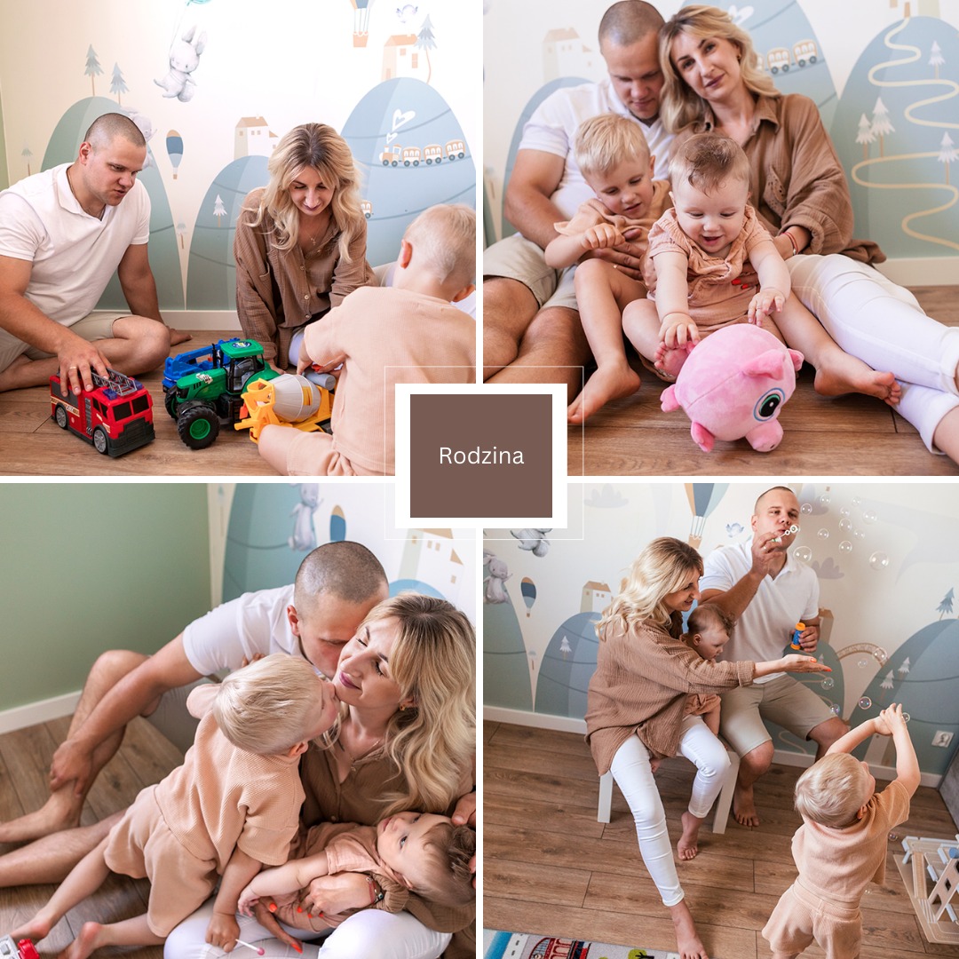 Kolaż z sesji rodzinnej: rodzice i dzieci bawią się zabawkami, przytulają się i puszczają bańki mydlane na tle pokoju z tapetą w dziecięce wzory.