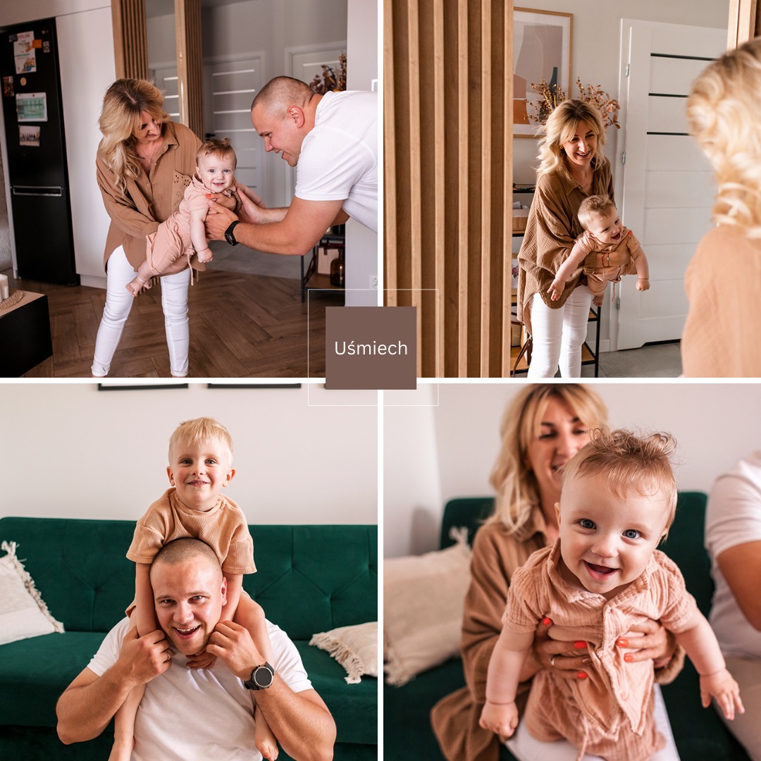 Kolaż z czterech zdjęć przedstawiających rodzinę w domowym otoczeniu: rodzice z uśmiechem trzymają małe dziecko, chłopiec siedzi na ramionach taty, dziecko uśmiecha się do kamery trzymane przez mamę.