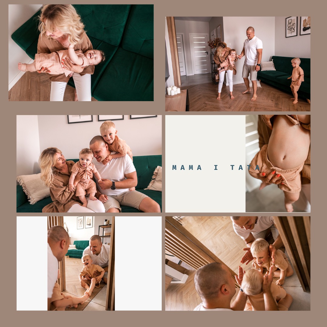 Kolaż zdjęć rodzinnych: mama trzymająca niemowlę, tata z dziećmi na zielonej kanapie, odbicie w lustrze, fragment brzuszka dziecka w beżowym ubranku, napis 'MAMA I TATA'.