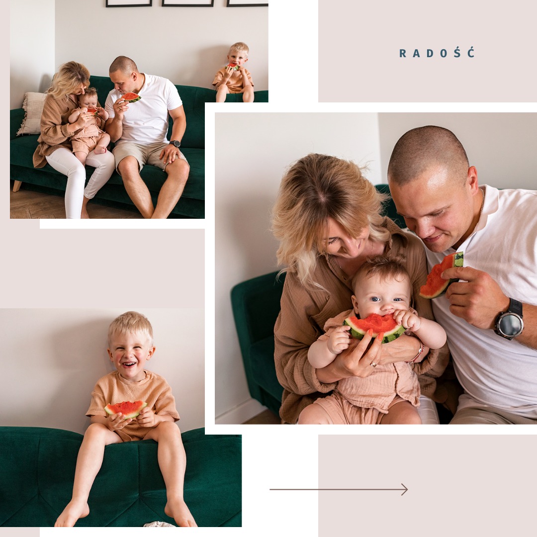 Kompozycja zdjęć przedstawiająca rodzinę jedzącą arbuza na zielonej sofie w jasnym wnętrzu, z uśmiechniętym chłopcem siedzącym na sofie i rodzicami trzymającymi niemowlę, które gryzie kawałek arbuza.