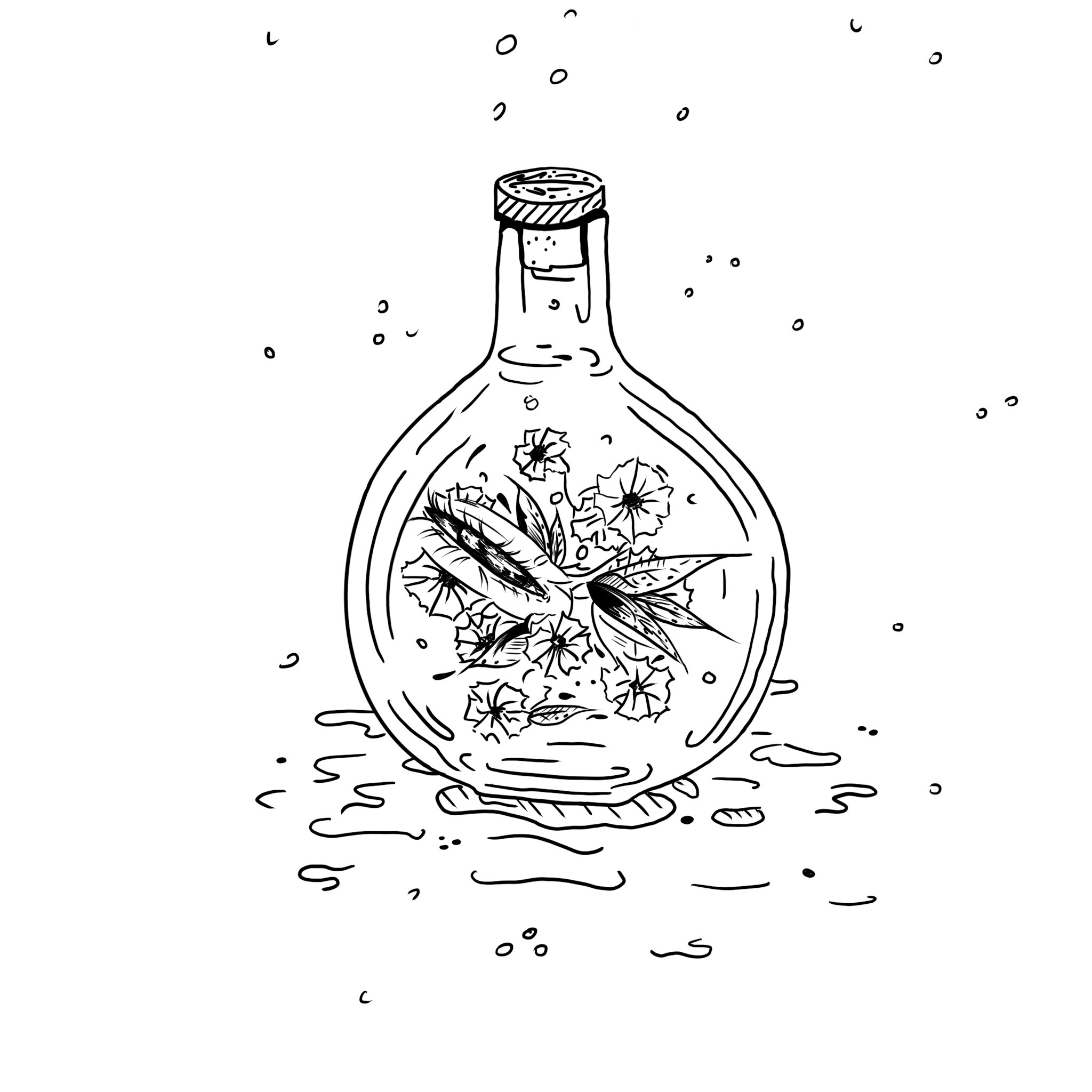 Czarno-biały szkic butelki z korkiem, w której znajdują się kwiaty i liście, otoczone drobnymi kropkami.