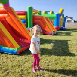 Uśmiechnięta dziewczynka z blond włosami w kucykach, ubrana w różowe legginsy i białą koszulkę z jednorożcem, stoi na trawie przed wielokolorowym, dmuchanym placem zabaw z elementami zjeżdżalni...