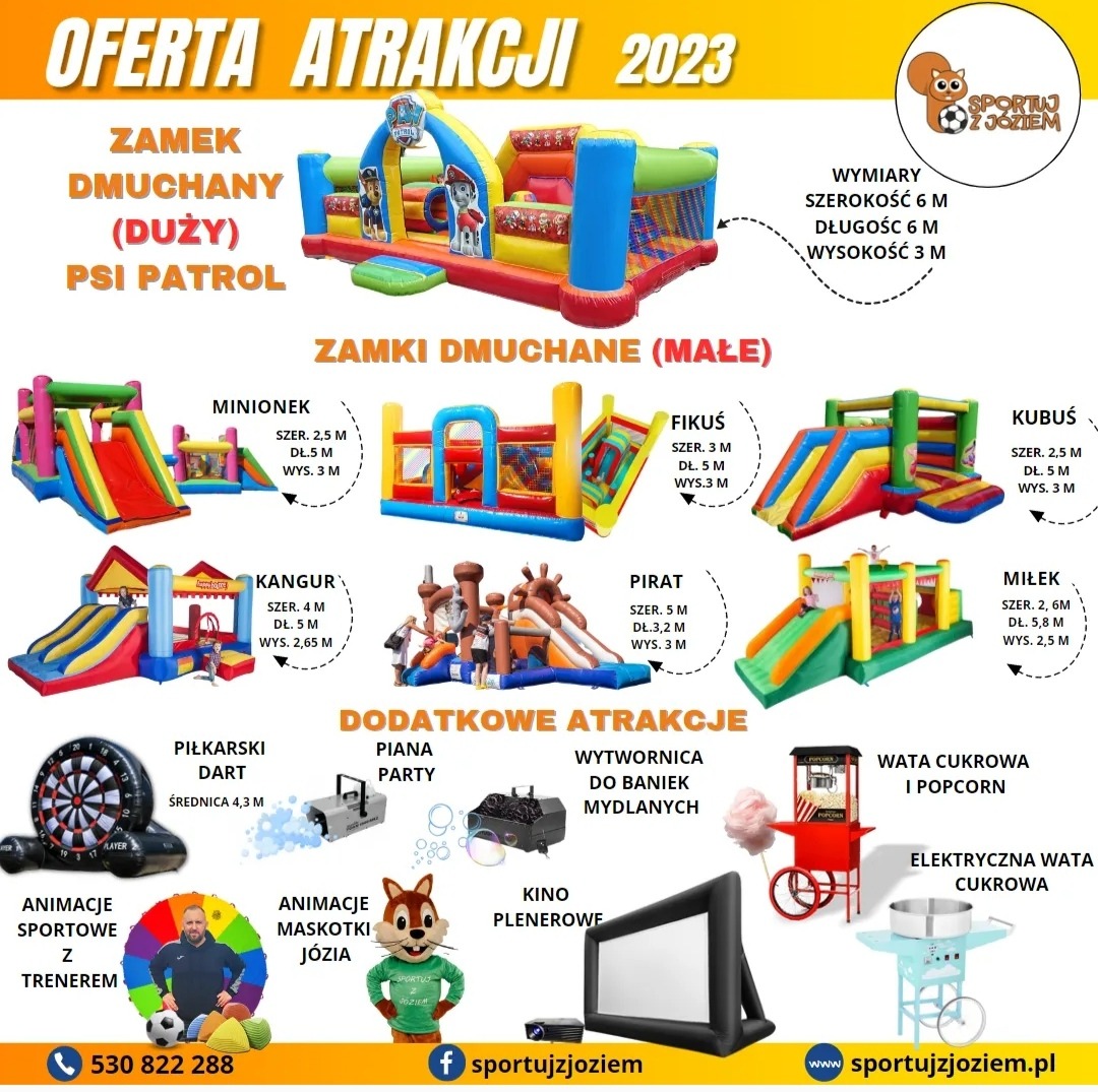 Plakat reklamowy z ofertą wynajmu dmuchańców i dodatkowych atrakcji na imprezy, w tym zamek dmuchany Psi Patrol, mniejsze zamki dmuchane (Minionek, Fikuś, Kubuś, Kangur, Pirat, Miłek), piłkarski...