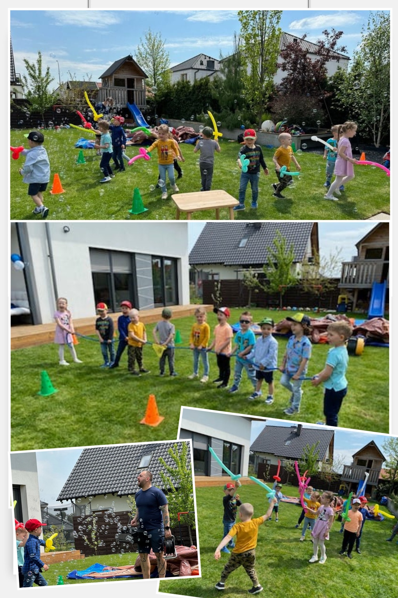 Animator prowadzi gry i zabawy na świeżym powietrzu dla grupy dzieci, wykorzystując balony w kształcie mieczy i pistoletów oraz puszczając bańki mydlane na trawniku przed nowoczesnym domem.