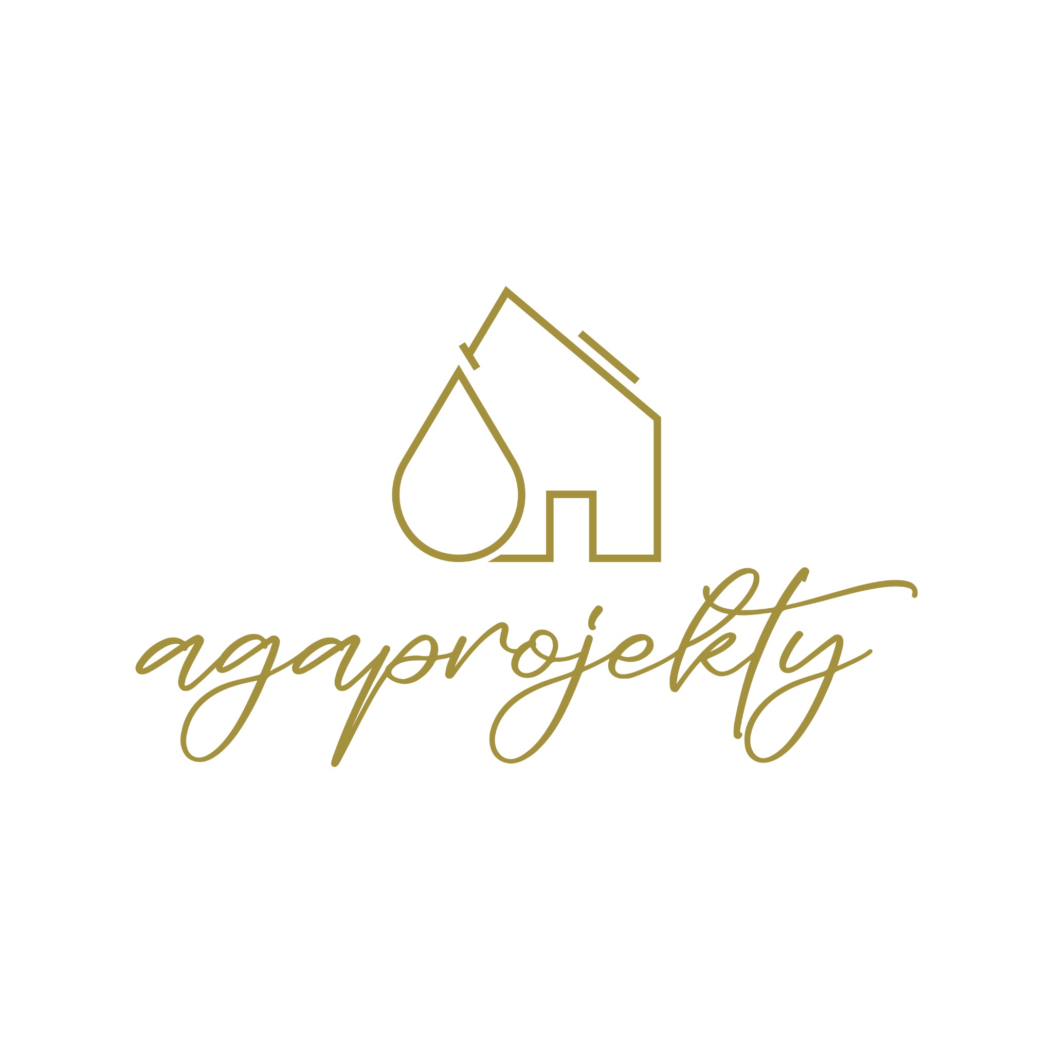 Eleganckie logo firmy projektowej z motywem domu i kropli wody, napisane ozdobną czcionką 'agaprojekty' w kolorze złota na białym tle.