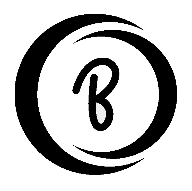 Czarno-białe logo przedstawiające stylizowaną literę 'B' wewnątrz czarnego okręgu z przerwami.