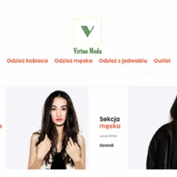 Strona główna sklepu internetowego z odzieżą Virtuo Moda, prezentująca sekcje damską i męską z modelami na jasnym tle.