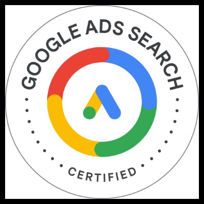 Certyfikat Google Ads Search z kolorowym logo Google w kształcie litery A otoczonym okręgiem z napisem 'Google Ads Search Certified'.