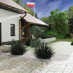 Wizualizacja ogrodu z flagą Polski w tle, ukazująca ścieżki z płyt, ozdobne trawy i rabaty kwiatowe przy białym murku.