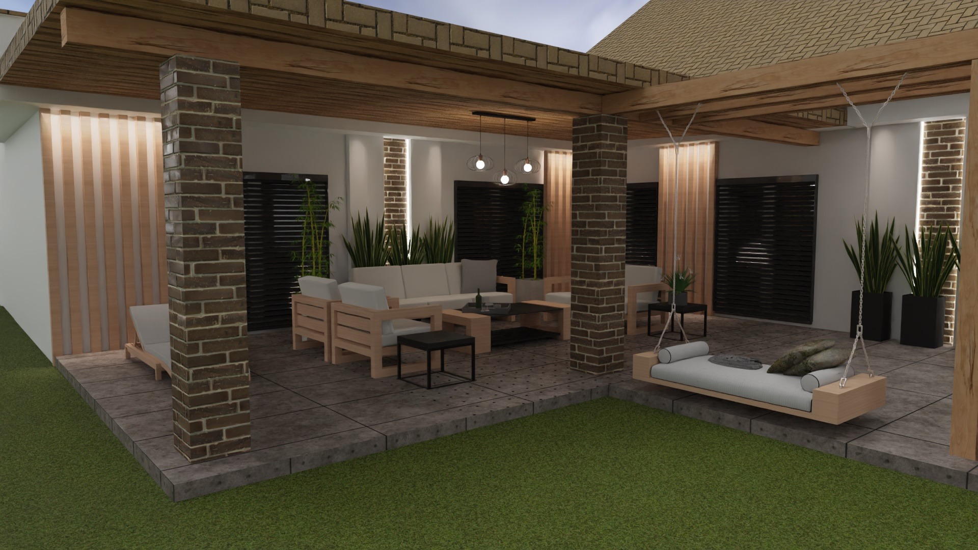 Zadaszony taras z drewnianą konstrukcją, ceglanymi filarami i wiszącą huśtawką, wyposażony w jasne meble ogrodowe i liczne rośliny w donicach.