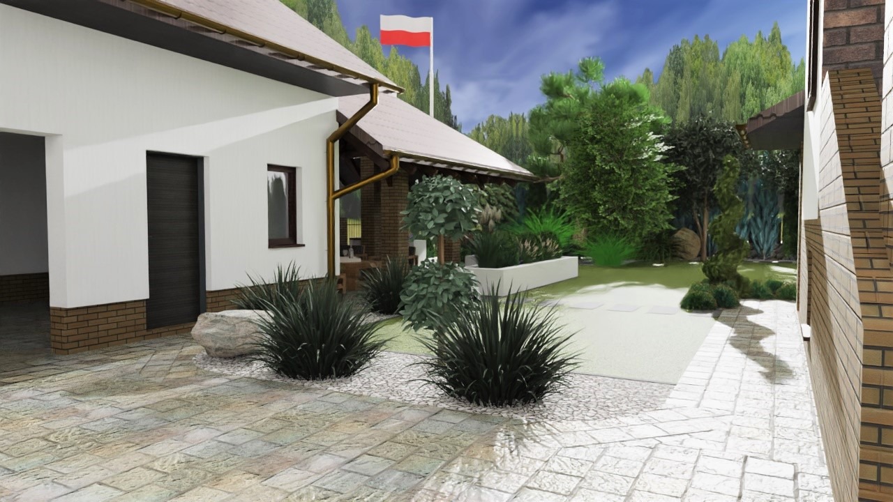 Wizualizacja ogrodu z flagą Polski w tle, ukazująca ścieżki z płyt, ozdobne trawy i rabaty kwiatowe przy białym murku.