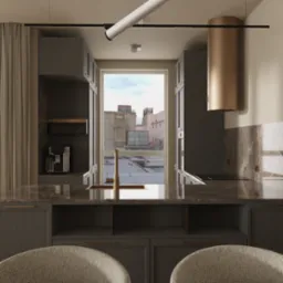 Nowoczesna kuchnia w Rumii z marmurowym blatem, szarymi szafkami, złotą armaturą i widokiem na miasto przez okno.