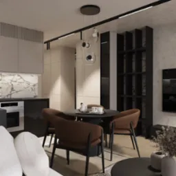 Wizualizacja salonu z aneksem kuchennym, okrągły stół z brązowymi krzesłami, biała sofa z okrągłą poduszką, czarna półka na książki i marmurowy backsplash w kuchni.