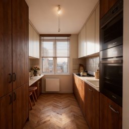 Mapi Studio Paulina Preś - Wąska kuchnia z drewnianymi szafkami, parkietem w jodełkę i widokiem na miasto przez okno z żaluzjami. Nowoczesne oświetlenie i sprzęt Miele.