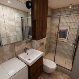 Mapi Studio Paulina Preś - Nowoczesna łazienka z kabiną prysznicową, umywalką z szafką z ciemnego drewna i pralką. Beżowe płytki na ścianach i podłodze. Lustro z oświetleniem.