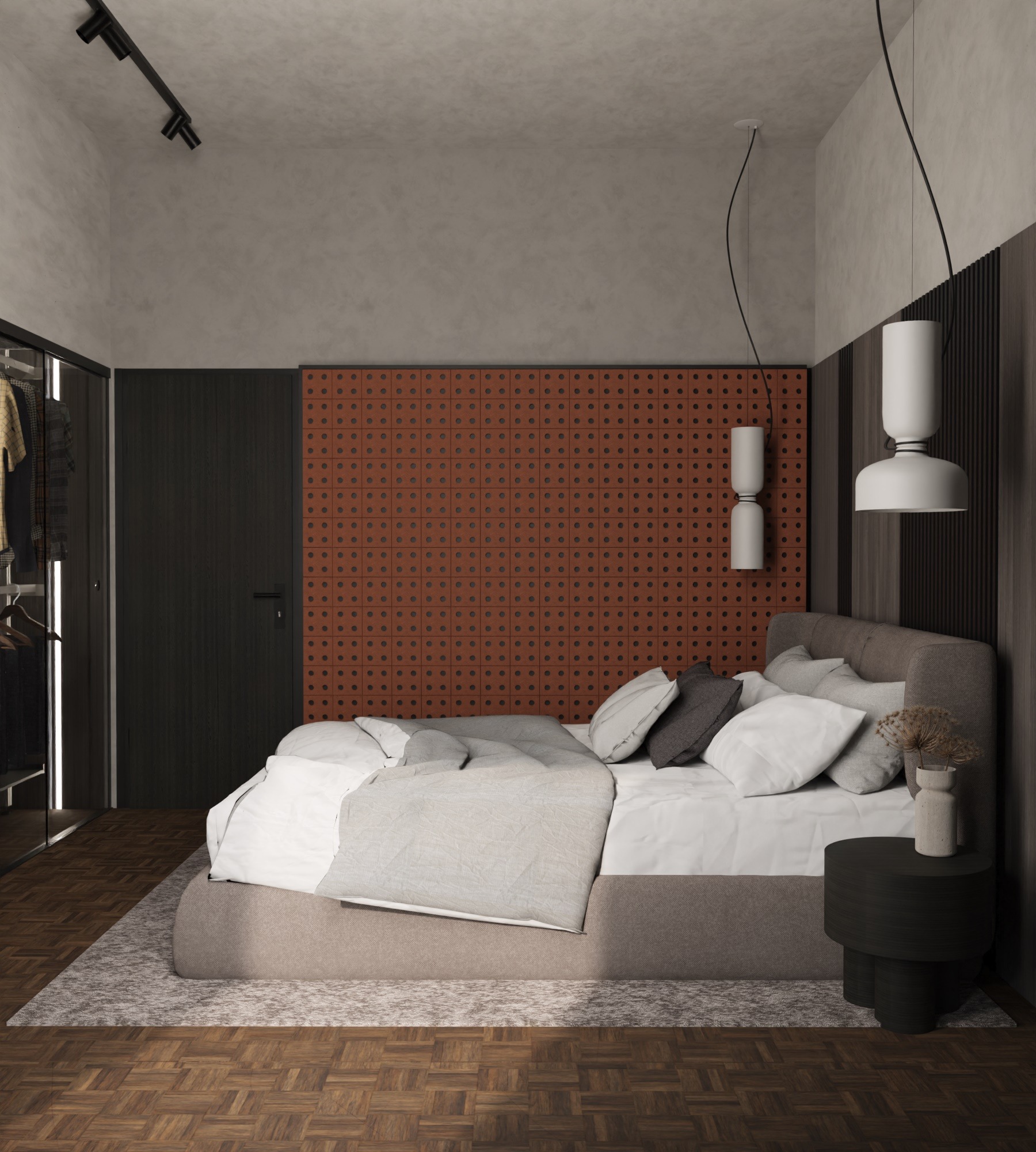 Nowoczesna sypialnia z łóżkiem kontynentalnym, ceglaną ścianą z otworami i minimalistycznymi lampami wiszącymi.