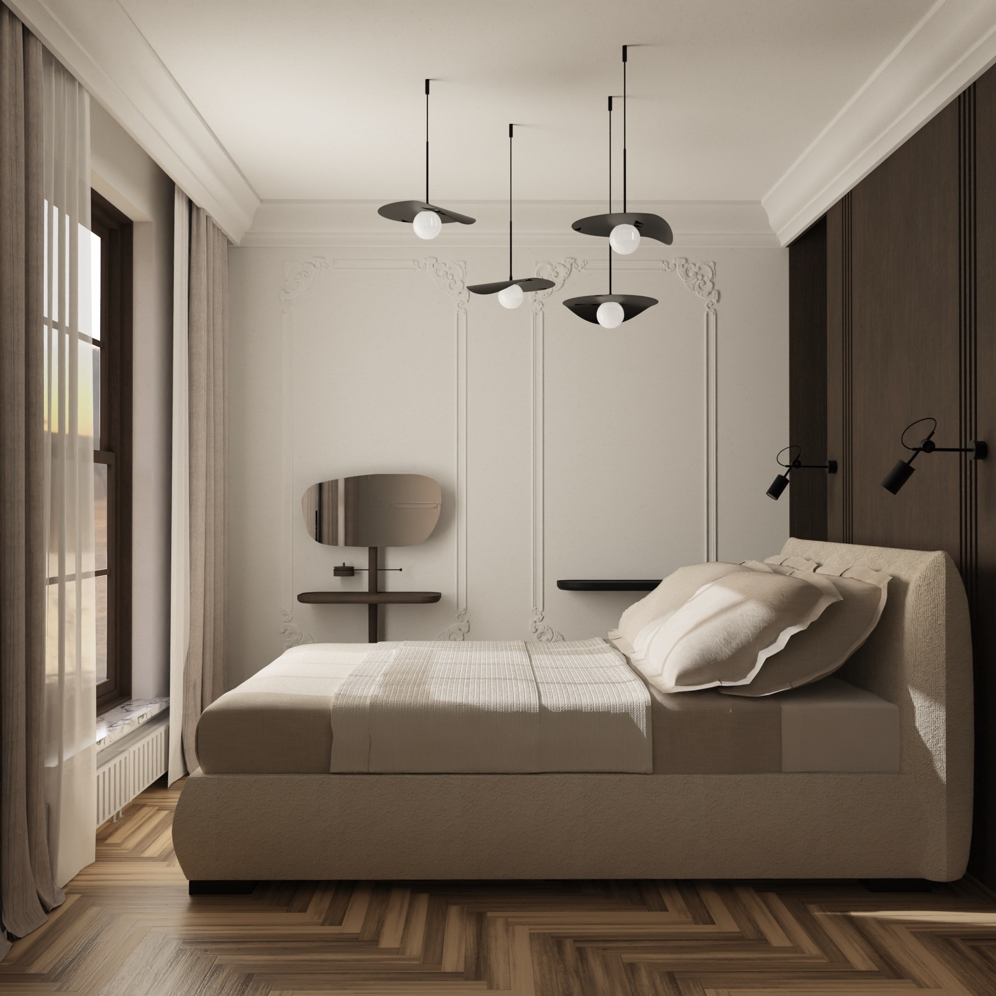 Elegancka sypialnia w odcieniach beżu i brązu z parkietem w jodełkę, minimalistycznymi lampami wiszącymi i ozdobnymi listwami ściennymi.