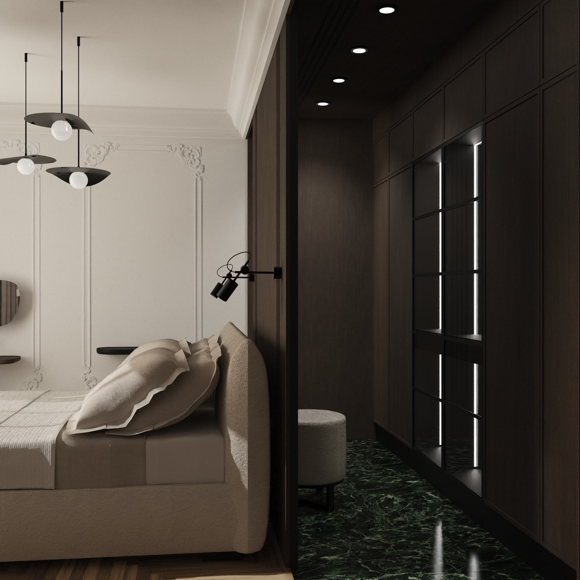 Nowoczesna sypialnia z łóżkiem w beżowej tonacji, minimalistycznymi lampami wiszącymi i ciemną zabudową szafy z podświetleniem, uzupełniona o marmurową podłogę w odcieniach zieleni.