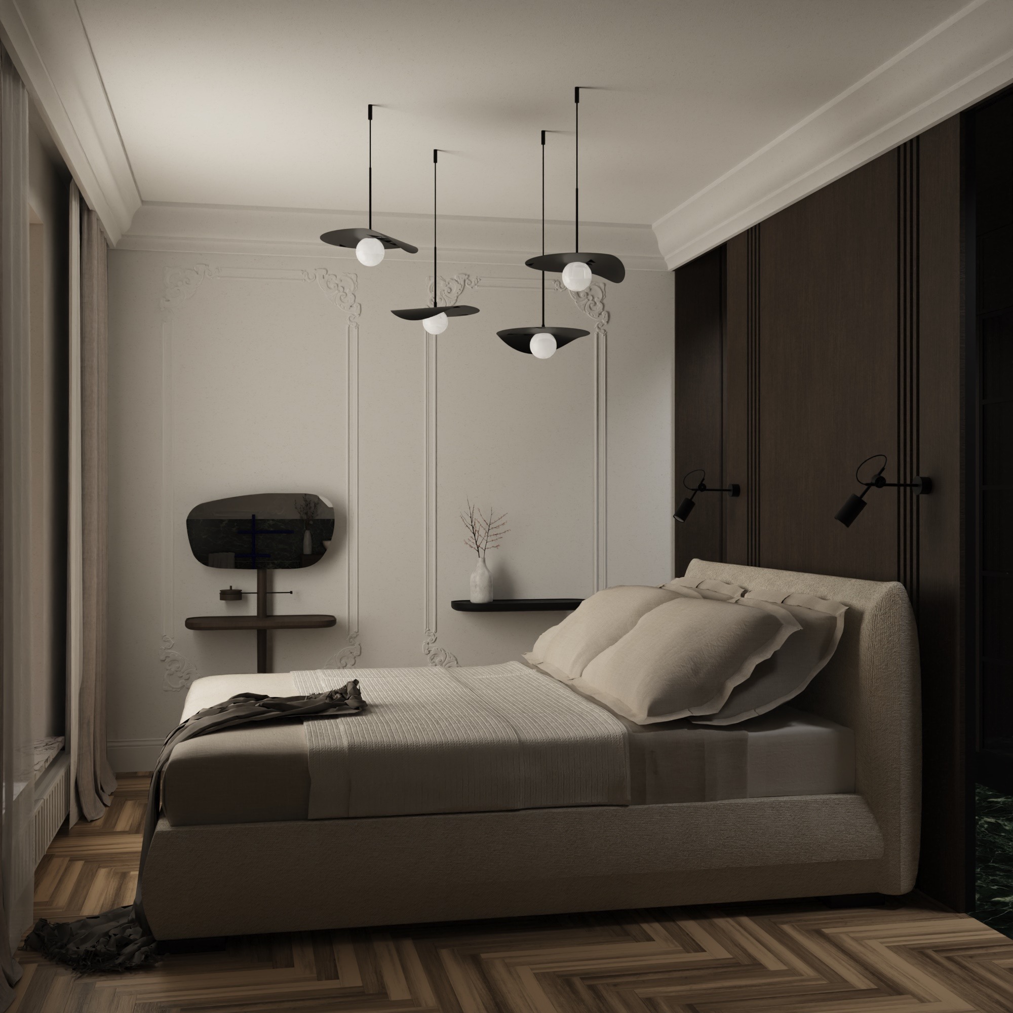 Nowoczesna sypialnia z parkietem w jodełkę, beżowym łóżkiem, dekoracyjną ścianą z listwami, asymetrycznym lustrem i lampami wiszącymi w kształcie kapeluszy.