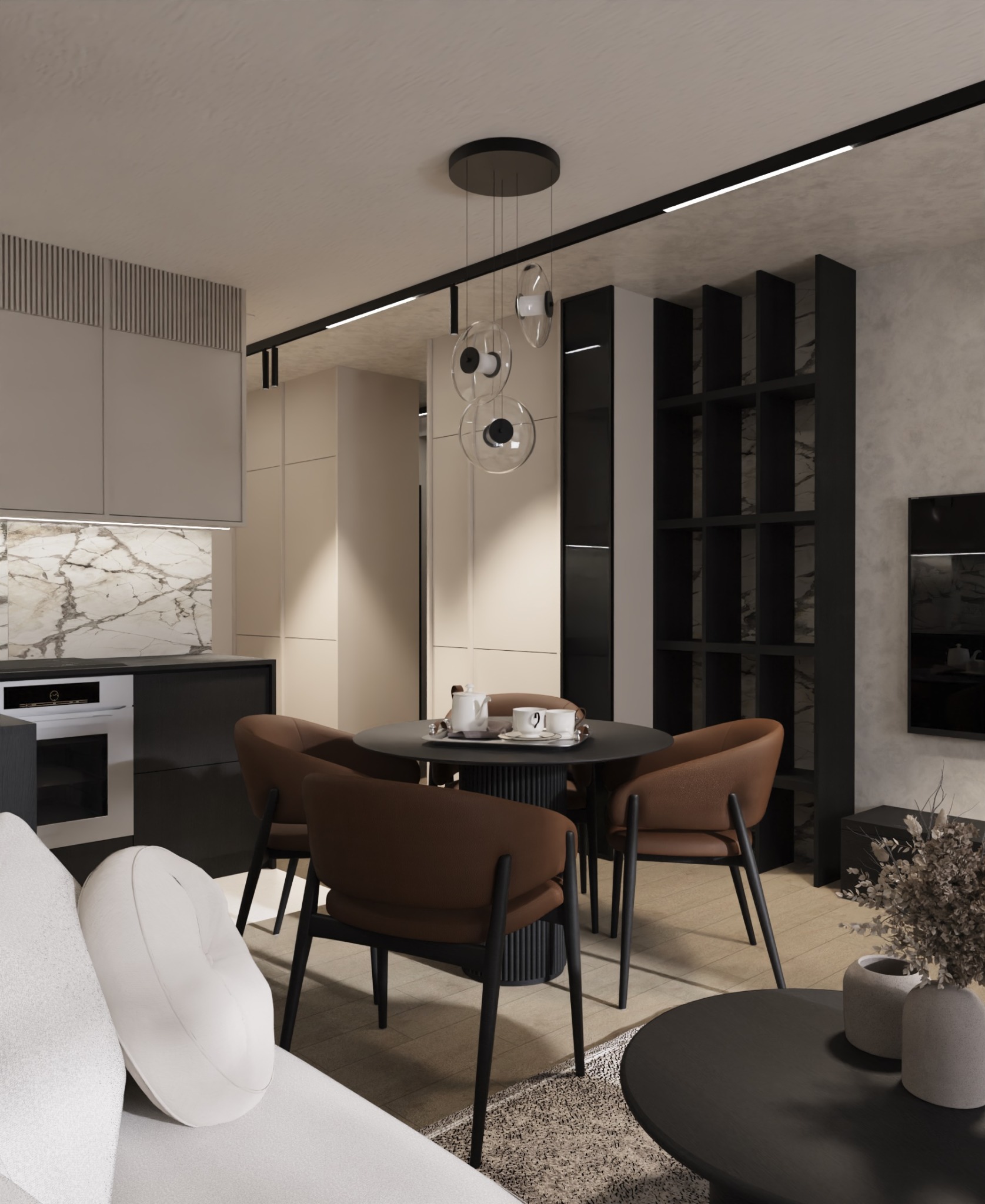 Wizualizacja salonu z aneksem kuchennym, okrągły stół z brązowymi krzesłami, biała sofa z okrągłą poduszką, czarna półka na książki i marmurowy backsplash w kuchni.