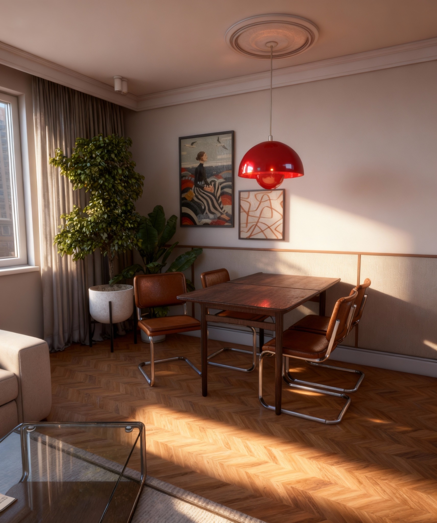 Jasne wnętrze jadalni z drewnianym stołem i krzesłami w stylu retro, oświetlone czerwoną lampą. Na ścianie wiszą obrazy, a obok okna stoi duża roślina doniczkowa.