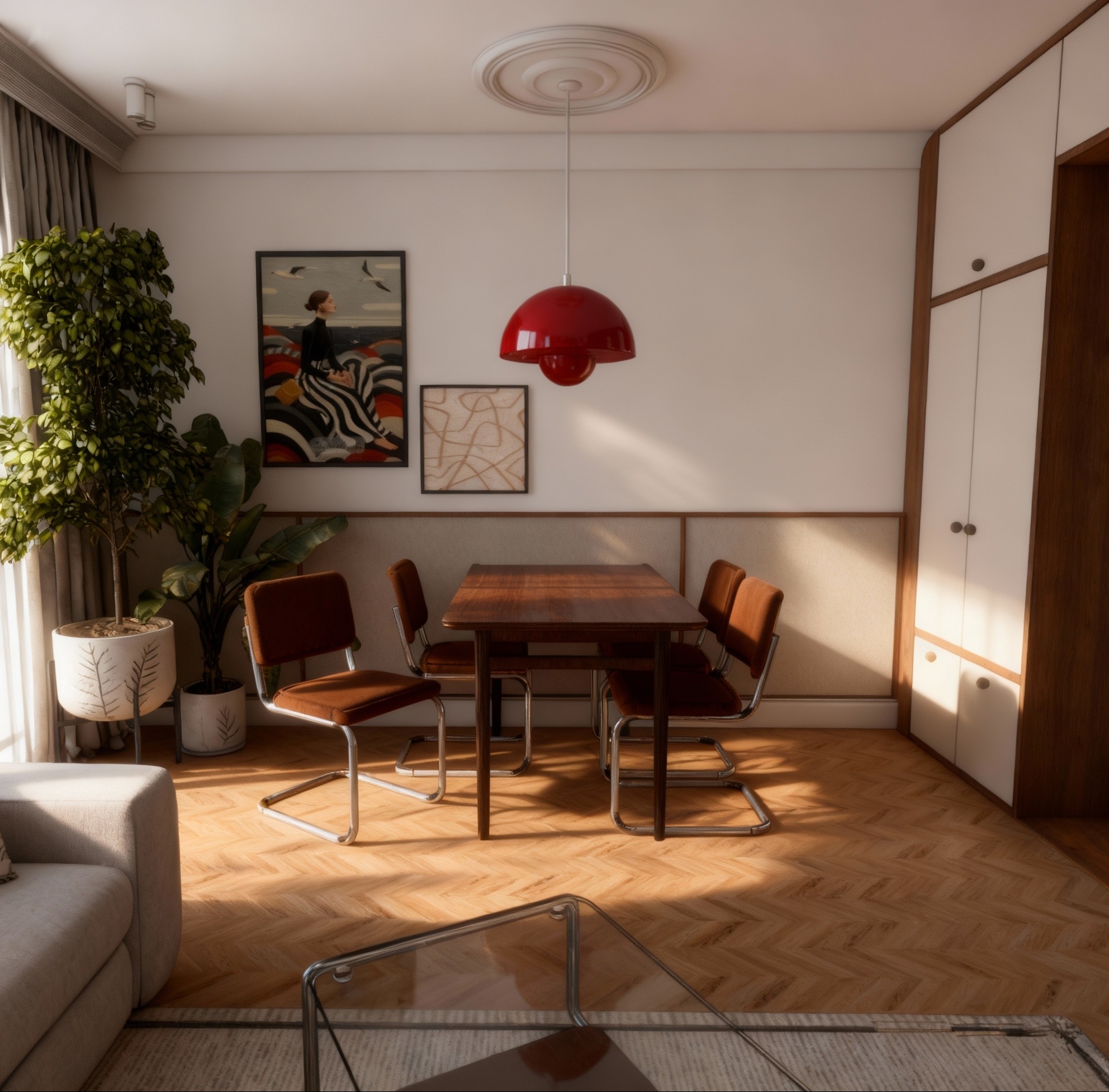 Jasne wnętrze jadalni z drewnianym stołem i krzesłami w stylu retro, oświetlone czerwoną lampą. Na ścianie grafiki, parkiet w jodełkę, roślina doniczkowa.