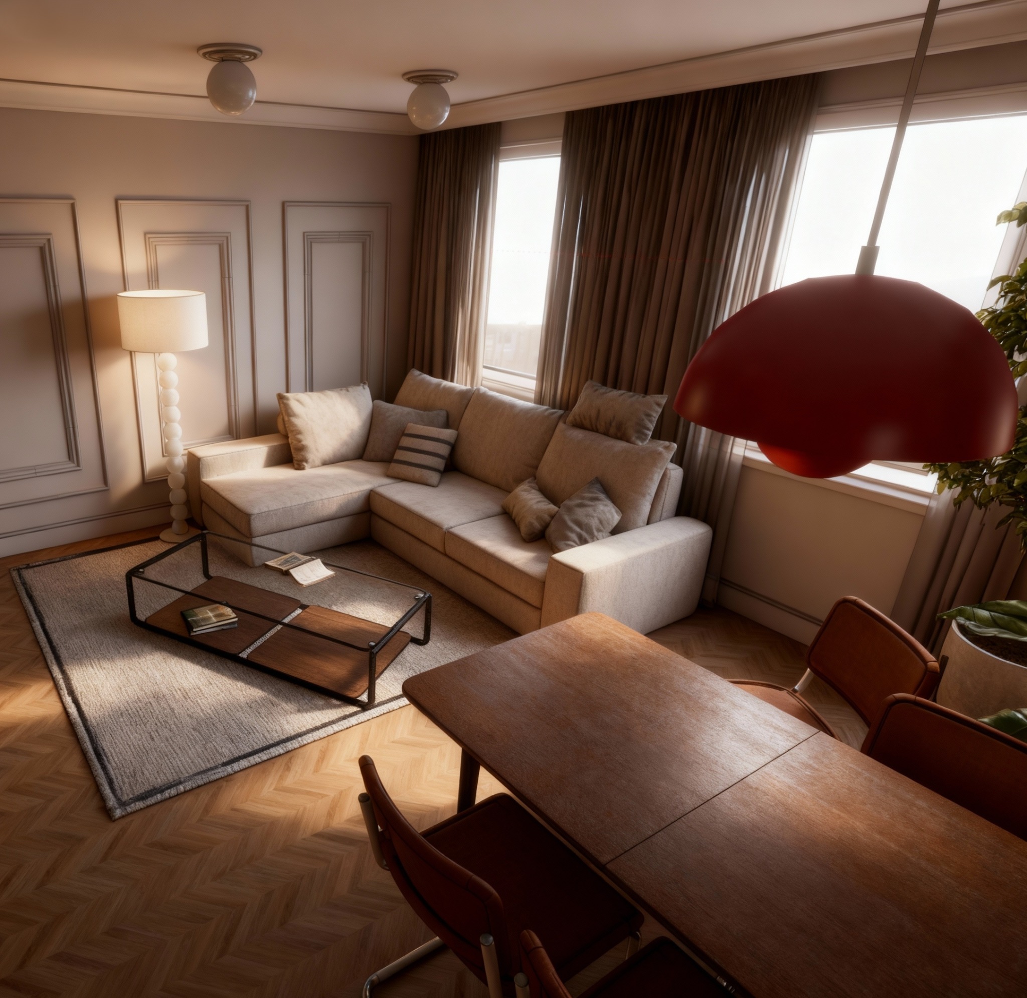 Jasne wnętrze salonu z beżową sofą narożną, drewnianym stołem i parkietem w jodełkę. Czerwona lampa wisząca dodaje akcentu kolorystycznego.