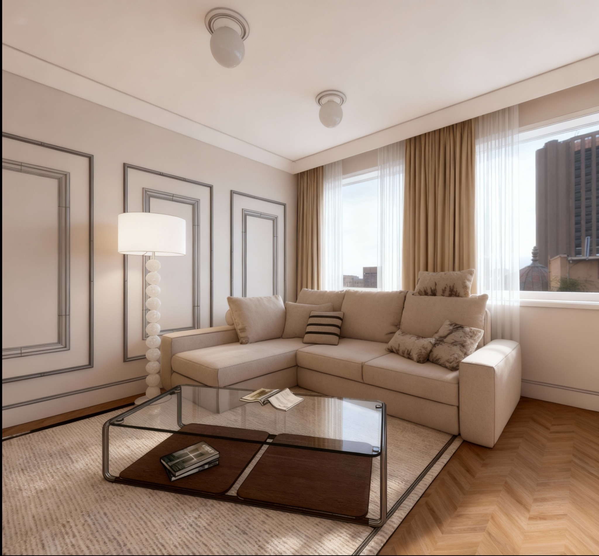 Jasny salon z narożną sofą, szklanym stolikiem kawowym i dekoracyjnymi panelami ściennymi. Parkiet w jodełkę i widok na miasto za oknem.