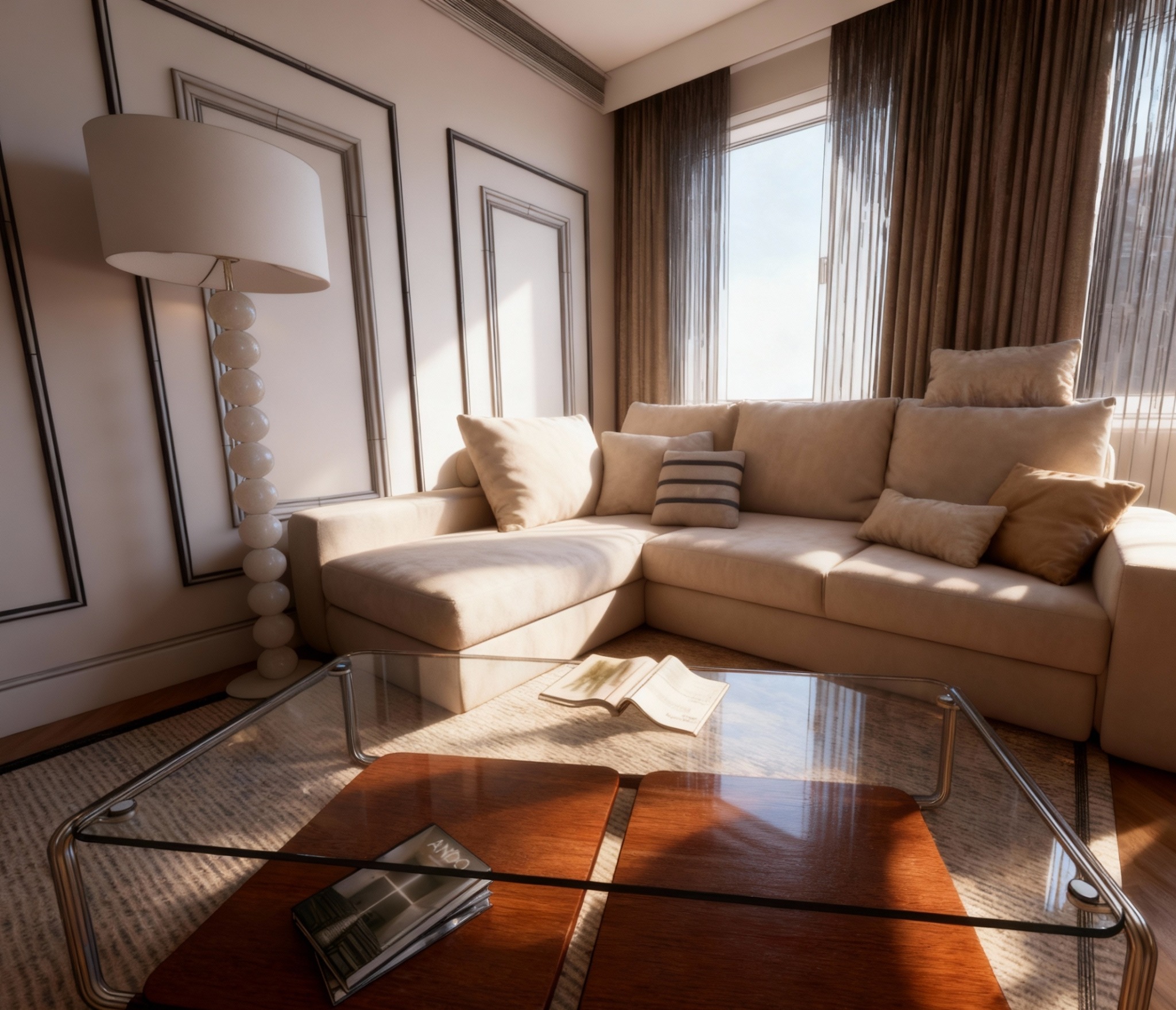 Jasny salon z beżową sofą narożną, lampą podłogową z kulami i szklanym stolikiem kawowym z książkami. Eleganckie wykończenie ścian i naturalne światło.