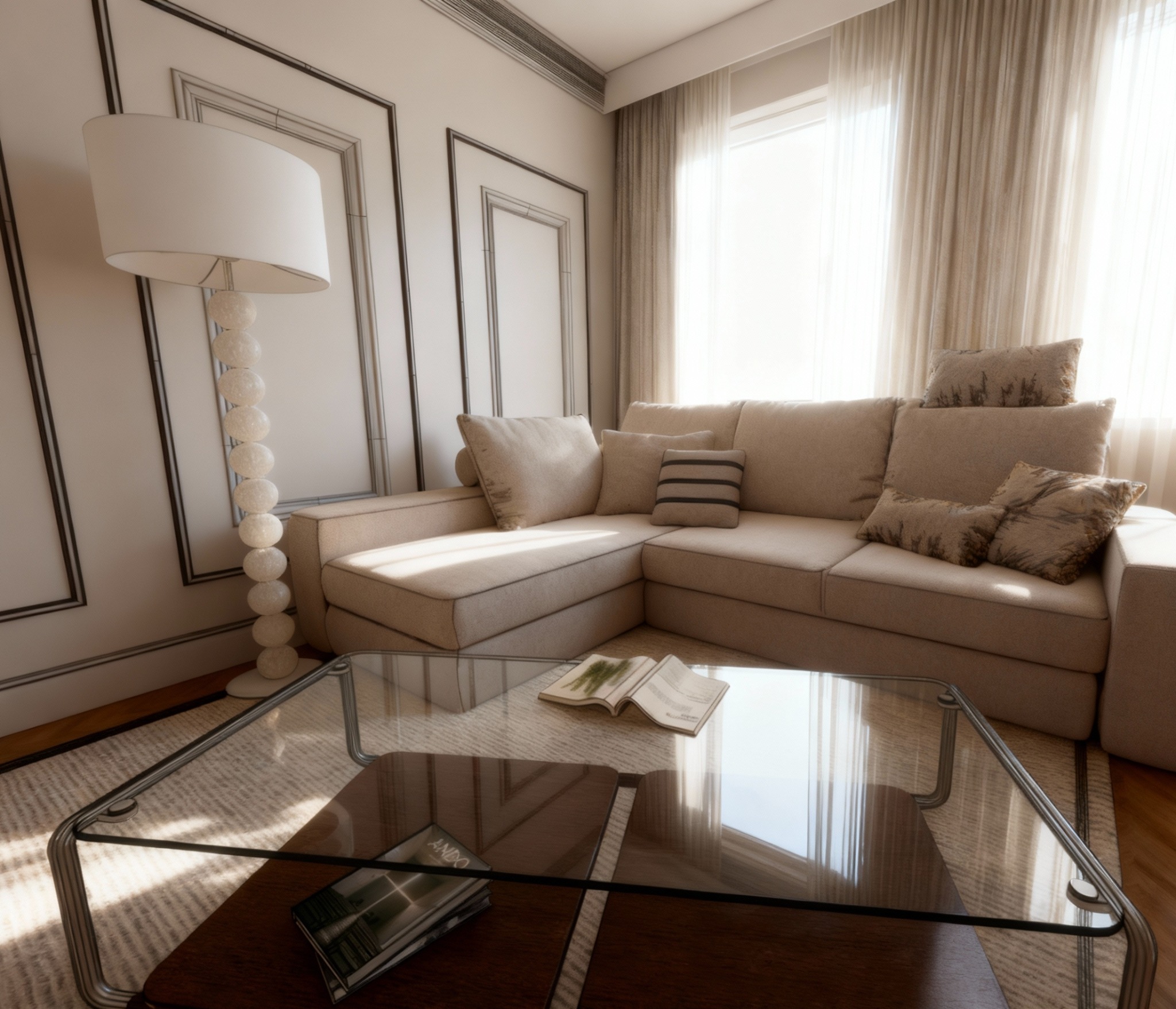 Jasny salon z narożną sofą, lampą podłogową z kulami i szklanym stolikiem kawowym z książkami. Ściany zdobią dekoracyjne ramy. Okno z beżowymi zasłonami.
