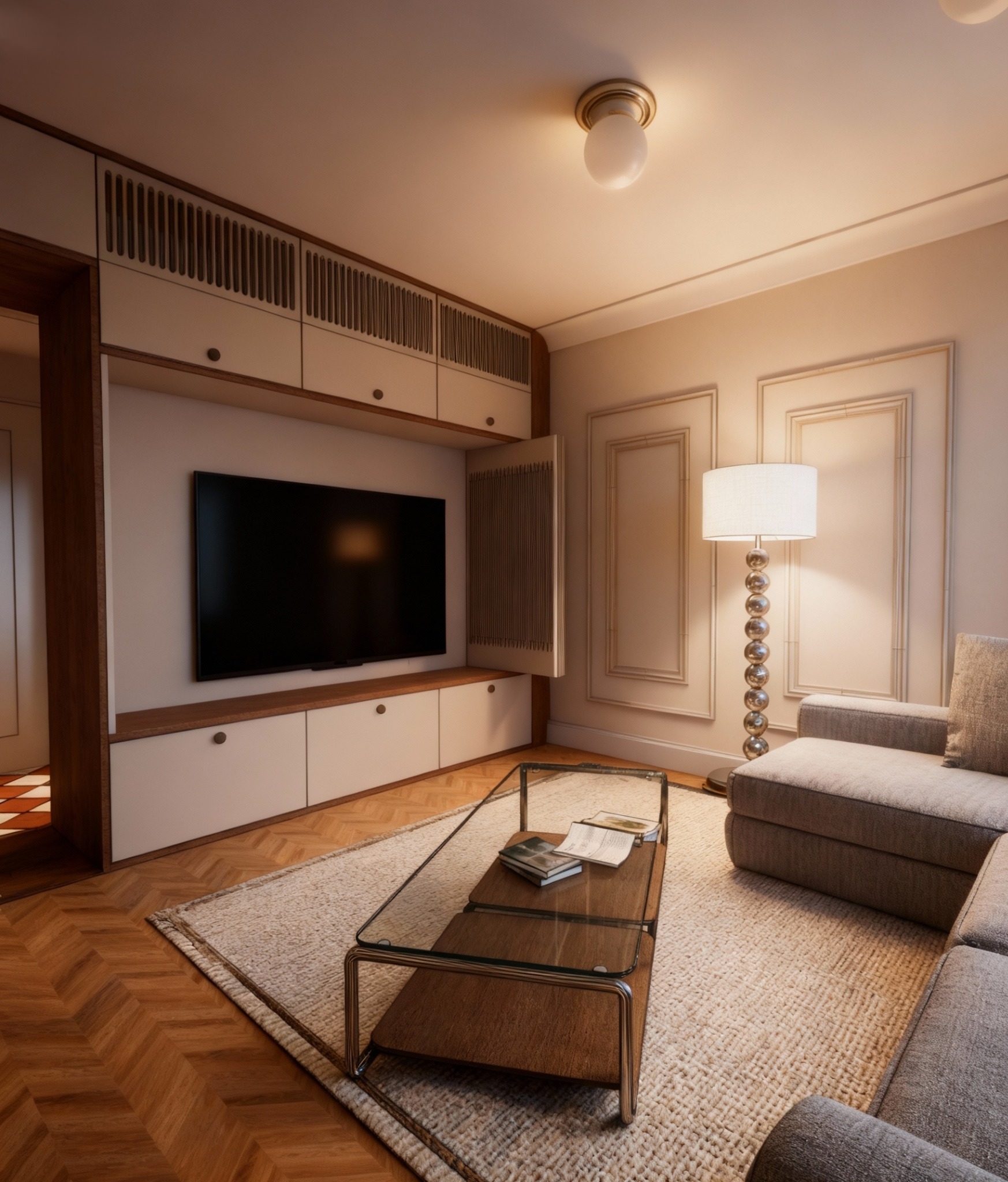 Salon z zabudową meblową pod TV, beżowy dywan i sofa. Ciepłe oświetlenie podkreśla elegancki wystrój wnętrza. Widoczny parkiet w jodełkę i dekoracyjne listwy.