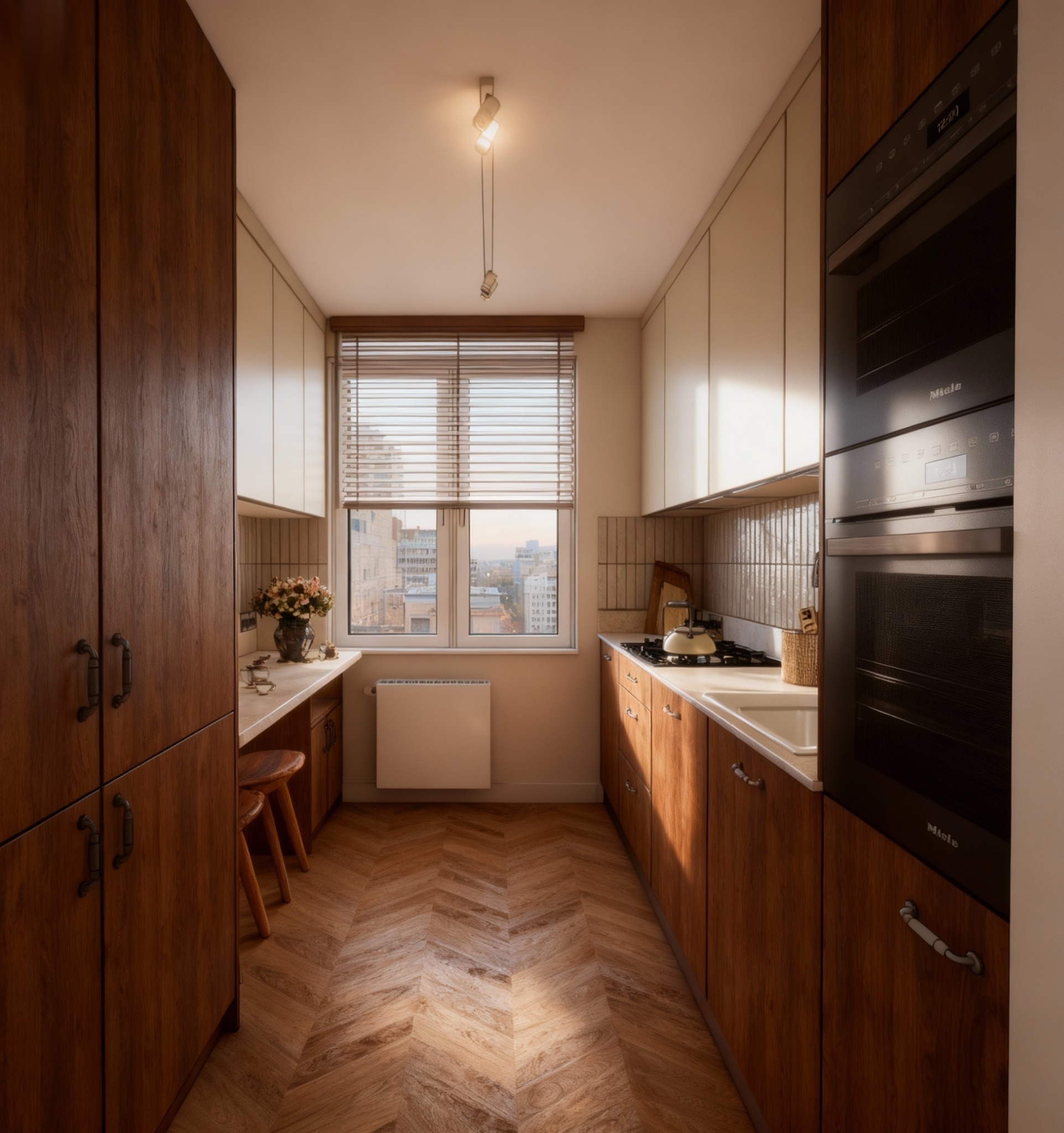 Wąska kuchnia z drewnianymi szafkami, parkietem w jodełkę i widokiem na miasto przez okno z żaluzjami. Nowoczesne oświetlenie i sprzęt Miele.
