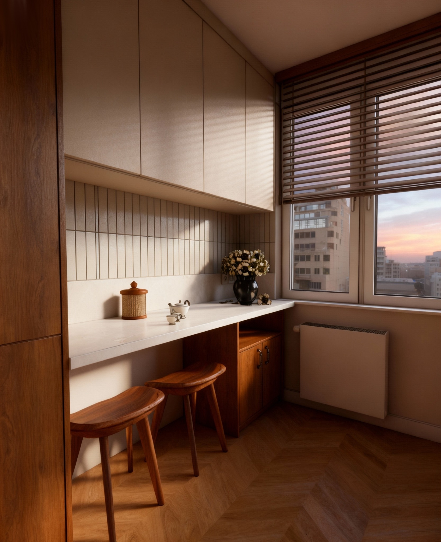 Jasna kuchnia z drewnianymi akcentami: blaty, stołki barowe, parkiet w jodełkę. W tle okno z widokiem na miasto o zachodzie słońca i żaluzje.