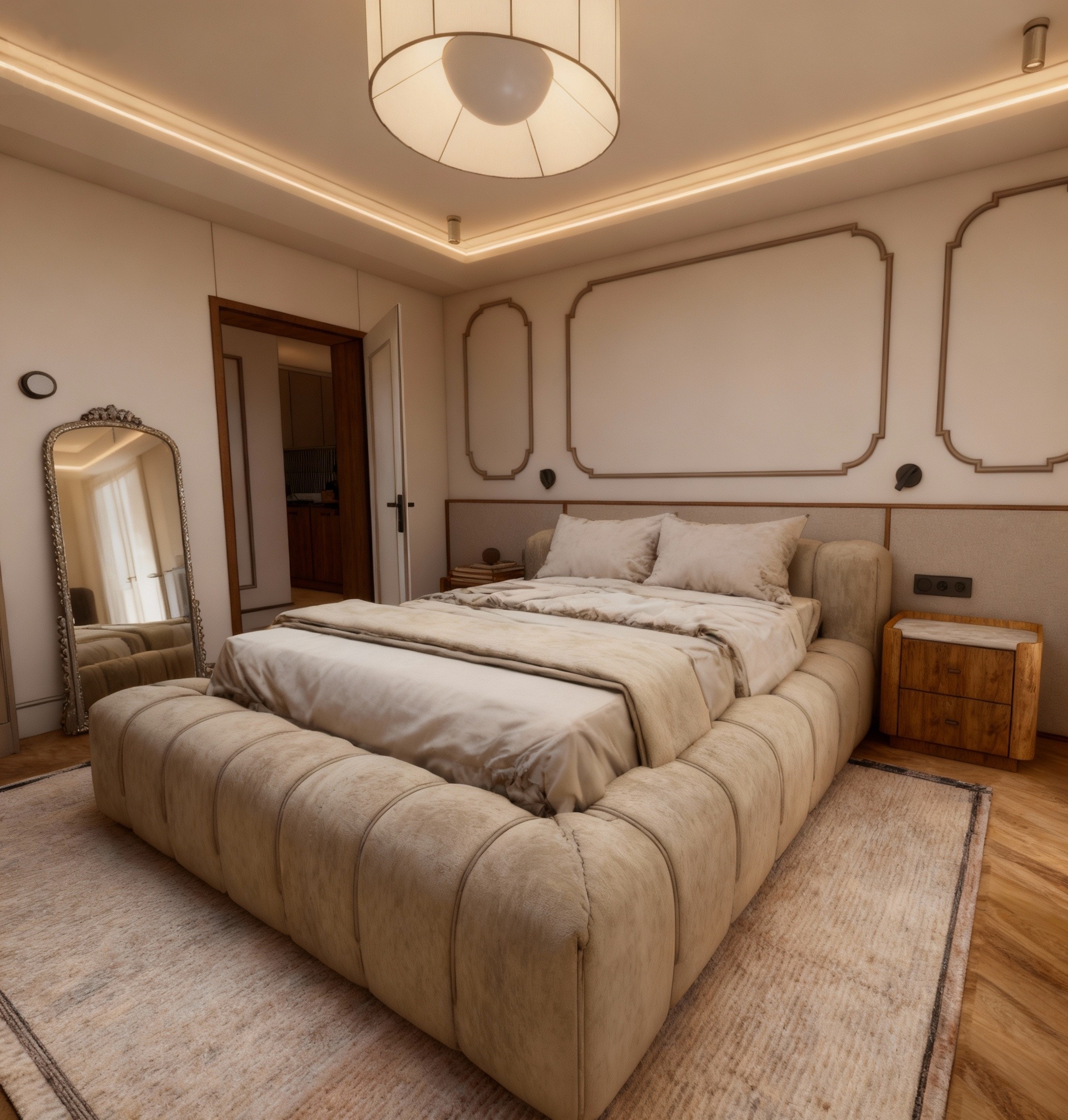 Beżowa sypialnia z dużym łóżkiem na platformie, lustrem w ozdobnej ramie i drewnianą szafką nocną. Subtelne oświetlenie sufitowe podkreśla elegancki wystrój.
