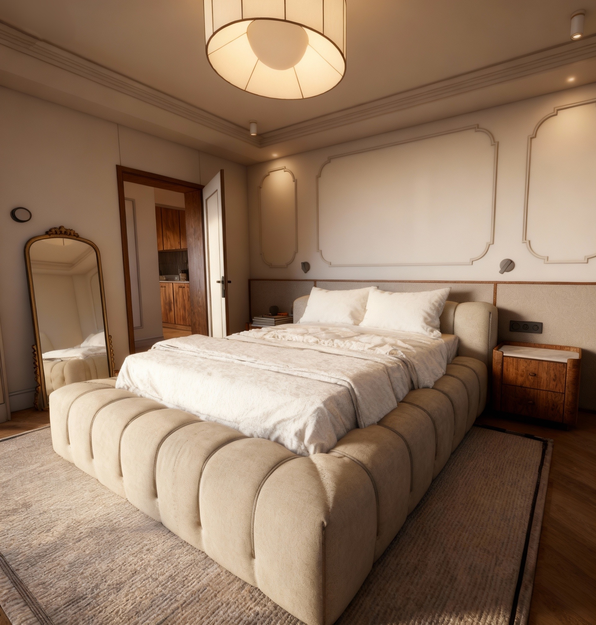 Elegancka sypialnia z beżowym łóżkiem na niskiej platformie, lustrem w złotej ramie i widokiem na kuchnię w tle. Ciepłe oświetlenie podkreśla detale wykończenia.