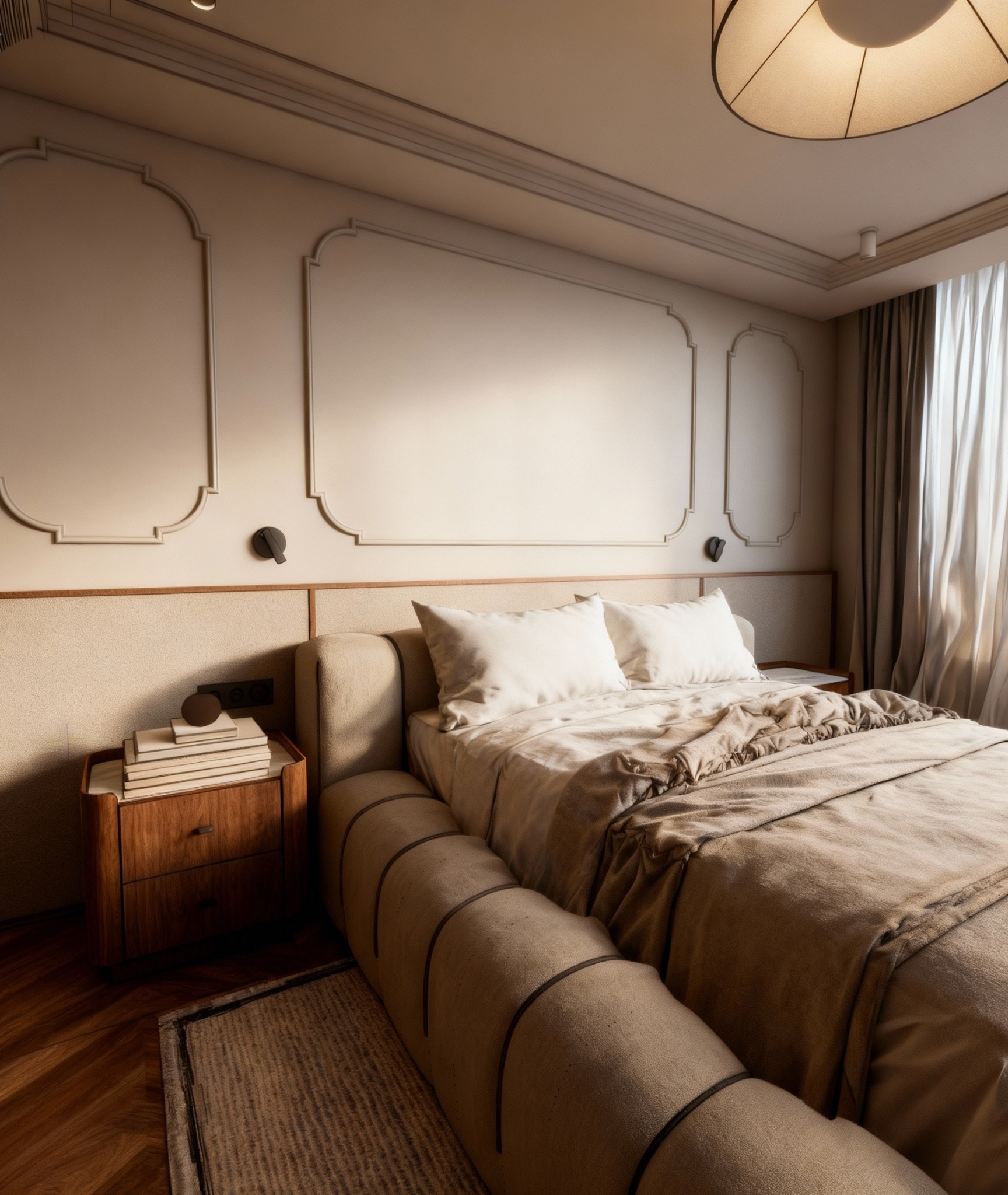 Elegancka sypialnia w Rumi z beżowym łóżkiem i drewnianą szafką nocną. Ściany zdobią dekoracyjne listwy i designerskie oświetlenie.