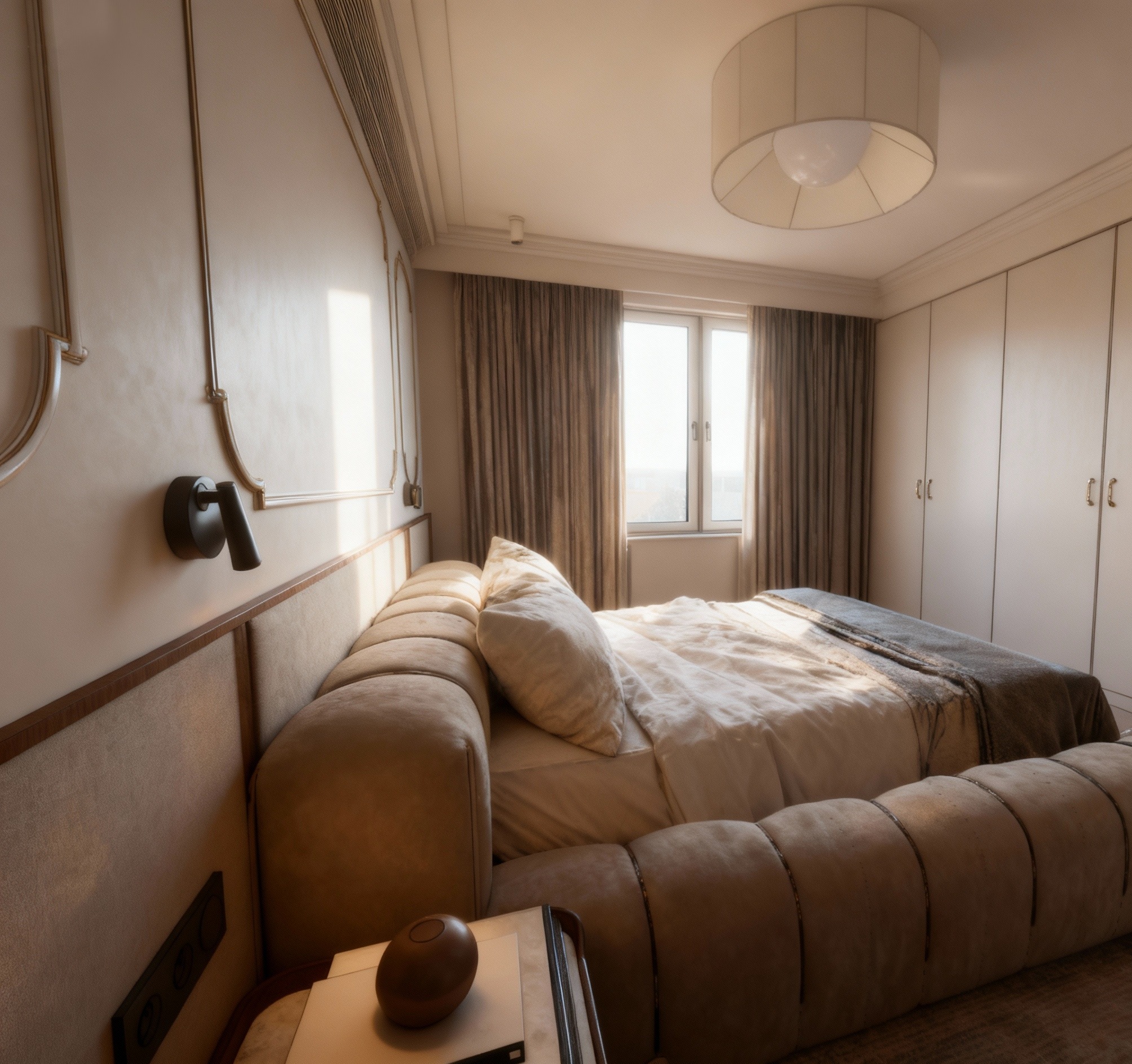 Elegancka sypialnia w beżach: łóżko z tapicerowanym wezgłowiem, lampka nocna, zasłony w oknie i szafa w zabudowie. Subtelne oświetlenie podkreśla detale wykończenia.