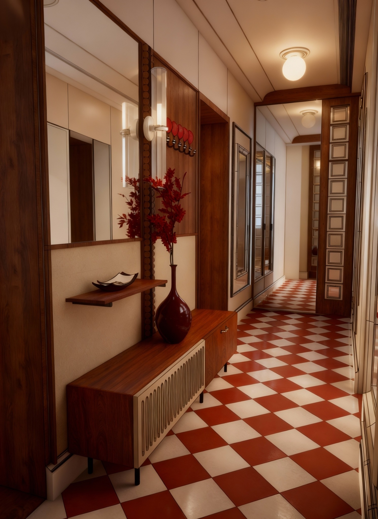 Korytarz w stylu retro z szachownicą na podłodze, drewnianą konsolą z wazonem i lustrem. Widoczne detale wykończenia i oświetlenie.
