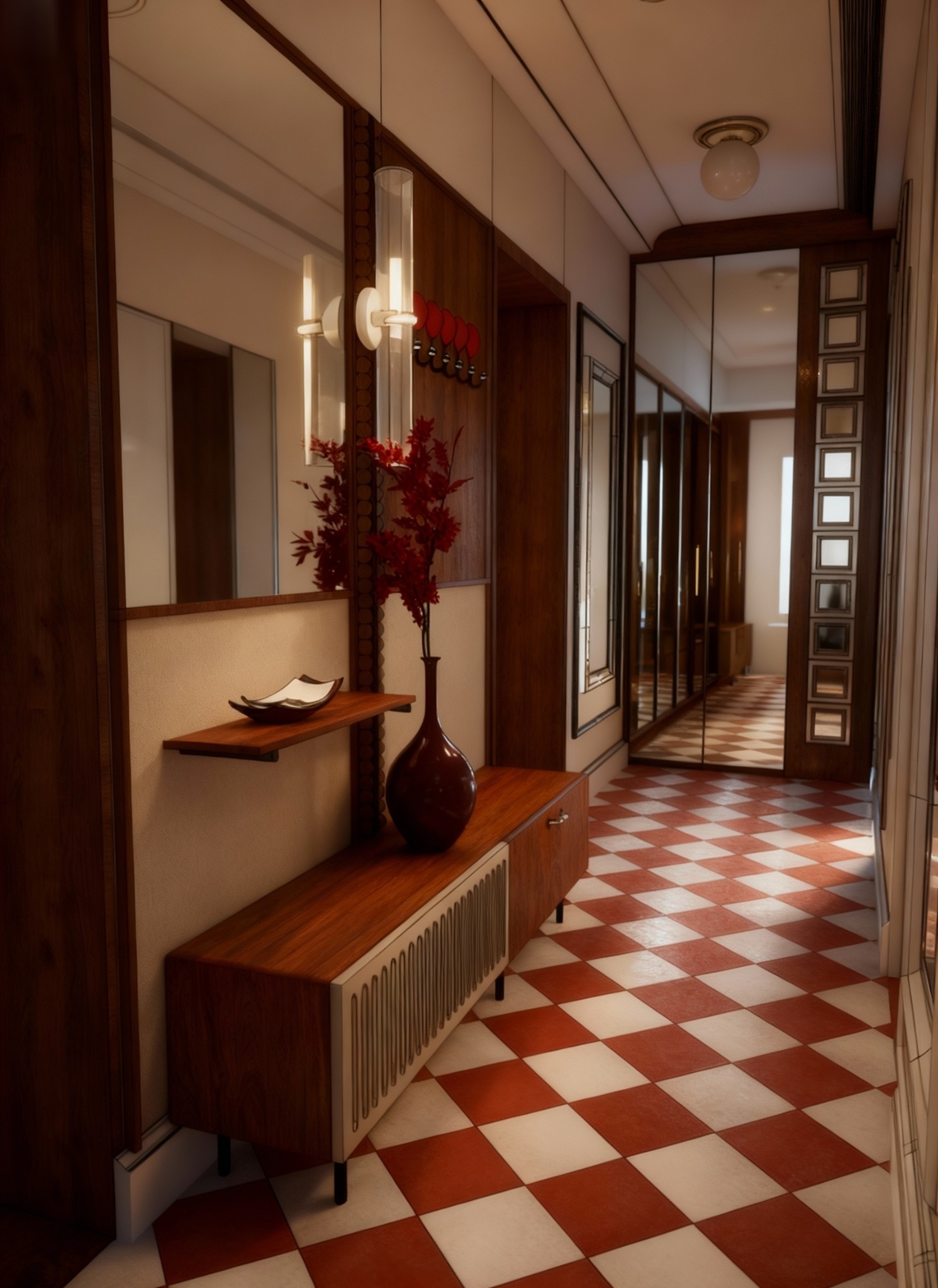 Korytarz w stylu retro z czerwono-białą podłogą w szachownicę, drewnianymi meblami i dużym lustrem. Wazon z czerwonymi kwiatami na komodzie.