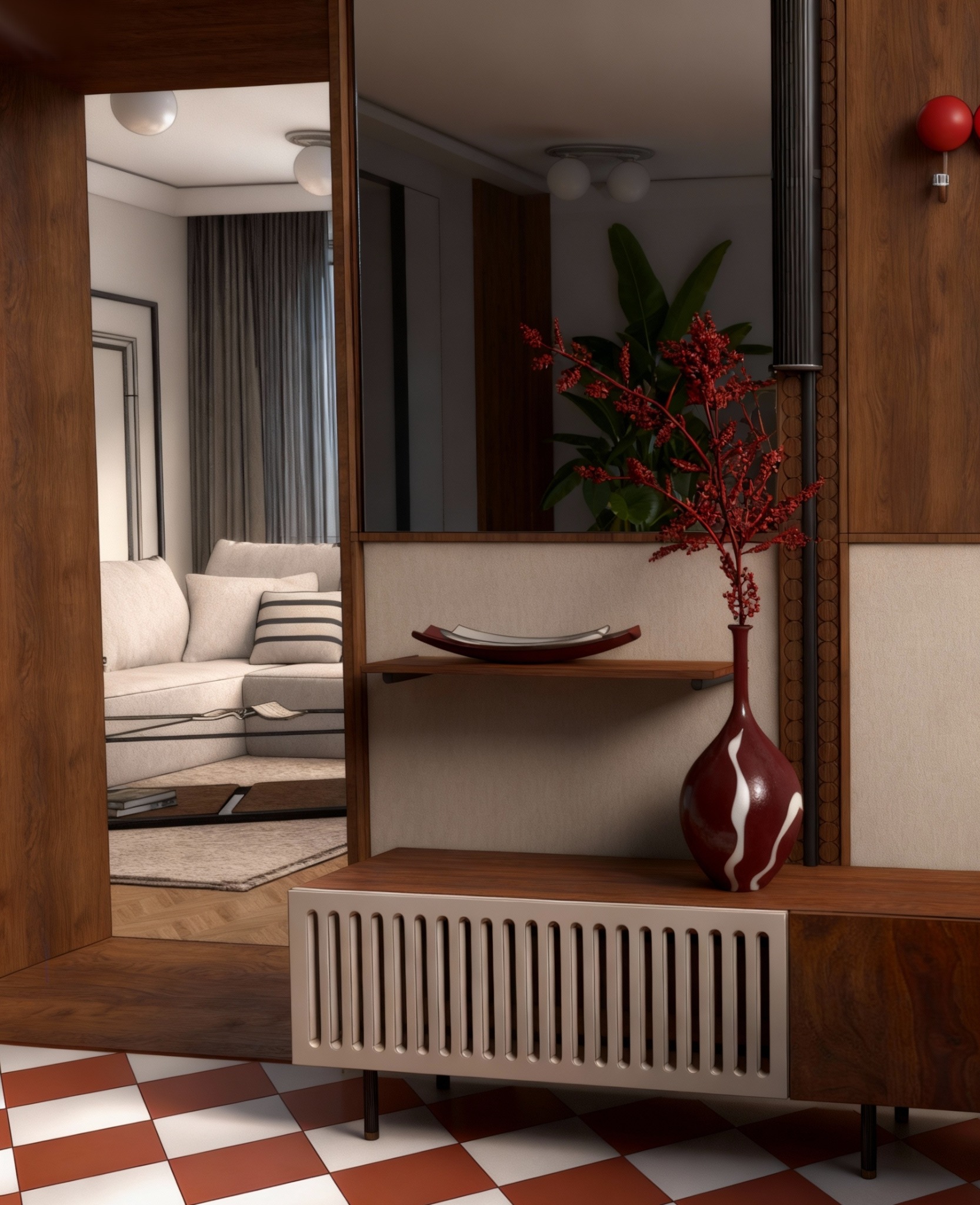 Nowoczesny salon z elementami retro: wzorzysta podłoga, drewniane meble z wazonem i widok na sofę przez otwarte drzwi. Minimalistyczny design z akcentem kolorystycznym.