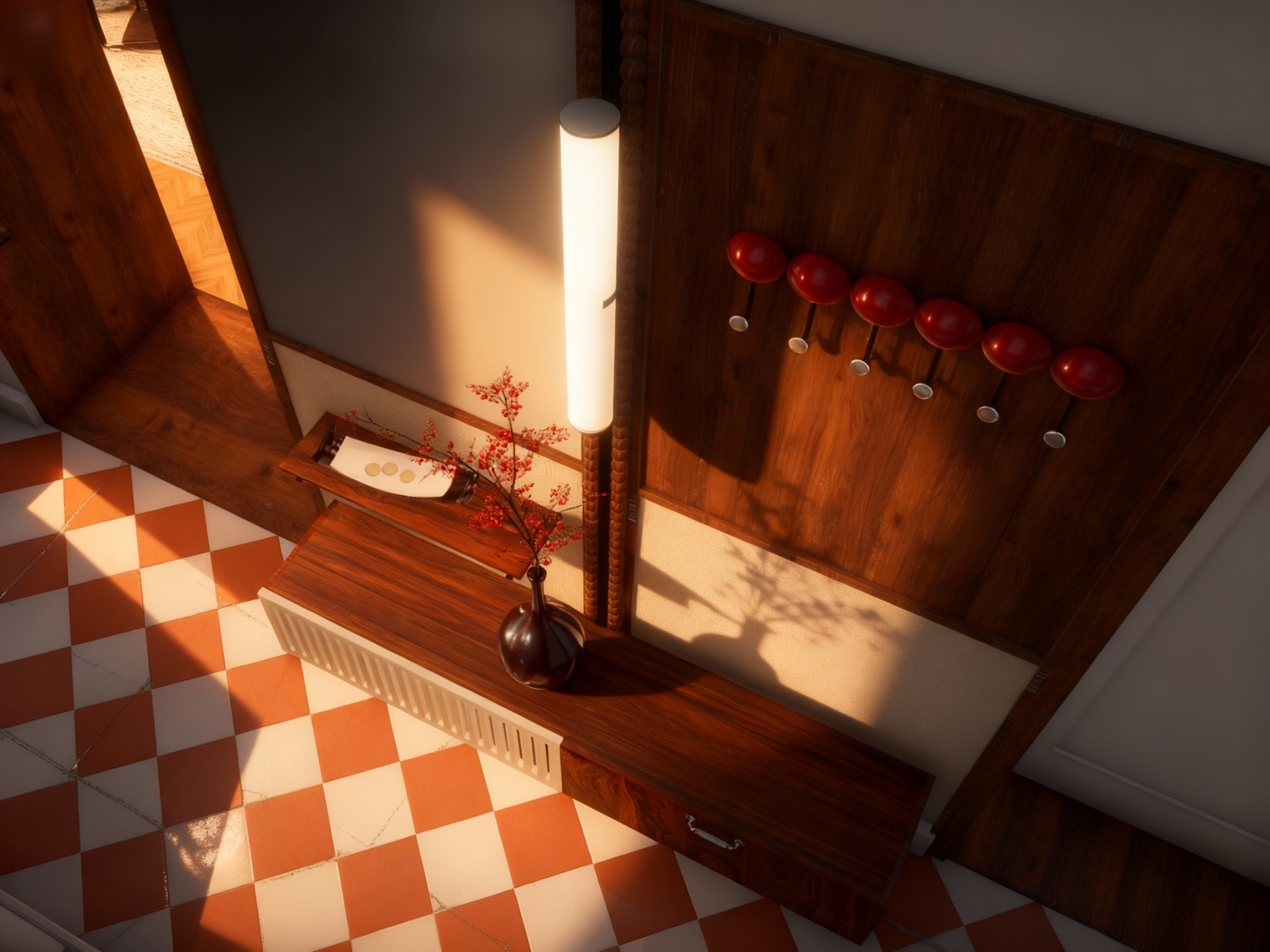 Wnętrze z drewnianą szafką, wazonem z kwiatami i lampą podłogową. Na ścianie wieszaki z czerwonymi kulami. Podłoga w biało-pomarańczową szachownicę. Widok z góry.