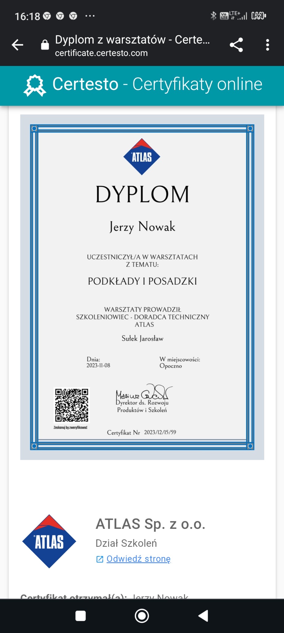 Skan dyplomu ukończenia warsztatów z tematu podkłady i posadzki, wydany przez Atlas, z datą 2023-11-08, podpisany przez Dyrektora ds. Rozwoju Produktów i Szkoleń, z QR kodem do weryfikacji.