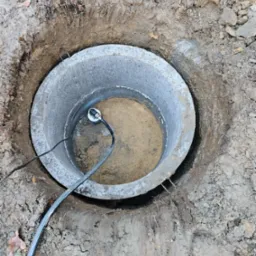 Betonowy krąg studzienny w ziemi z zanurzonym czujnikiem poziomu cieczy i przewodem, widok z góry.