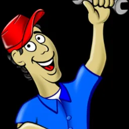 Karykatura uśmiechniętego mężczyzny w czerwonej czapce i niebieskiej koszuli, trzymającego klucz francuski nad głową na czarnym tle.