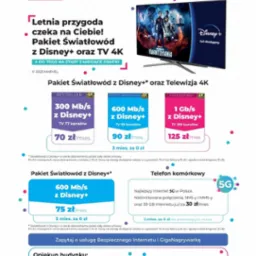 Reklama Netii: Pakiet światłowodowy z Disney+ i telewizją 4K, z ofertami różnych prędkości internetu i kanałów telewizyjnych, promowany film 'Ant-Man i Osa: Kwantomania' na ekranie telewizora.